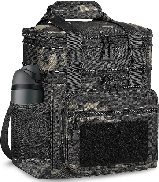 GLENKEY Tactical Lunch Box Cooler Bag - Expandable Insulated Lunch Bag for Men Women - Large Lunchbox for Adults Work Shifts Outdoor Trips Black Camo 16L