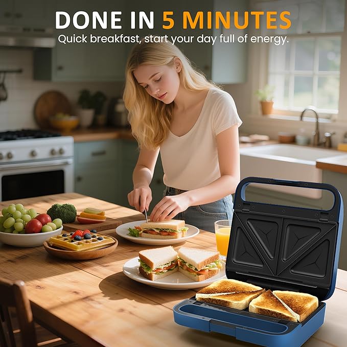 Sunvivi Pro Sandwich Maker Panini Press Grill, 3 in 1 Electric Waffle Maker with Removable Non-stick Plates, with Glass Top, Cool Touch Handle & Easy to Clean, 850W