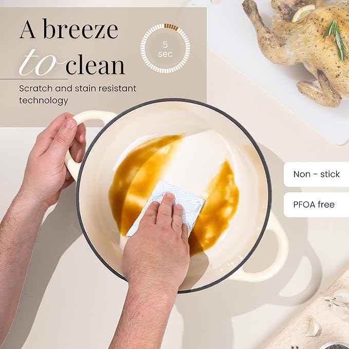 Nuovva Enamelled Cast Iron Dutch Oven Pot with Lid 7.3 Quart Non Stick Casserole Pot – Heavy Duty & Oven Safe up to 500° F for Bread Baking, Braising, Stews, Roasting – 30cm Cream