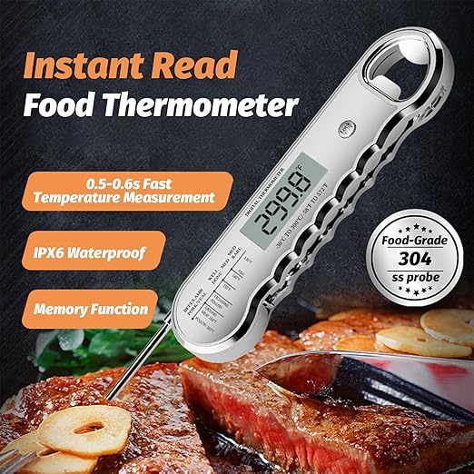 Professional Digital Meat Thermometer with Bottle Opener, Instant Read in 0.5 Sec, ±0.5℉ Accuracy, Premium Plastic Body with Vacuum Electroplating Technology，Waterproof with Auto-Rotate LED Screen