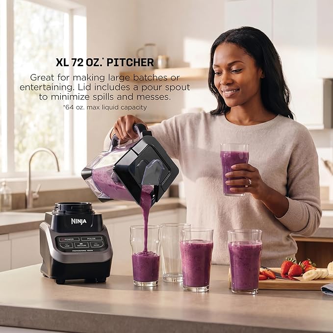 Ninja Professional Blender 1000W, Total Crushing Technology- Smoothies, Ice Crushing & Frozen Fruit, Full-Size Countertop Blender, 72-oz. Pitcher, Black & Grey, BL610