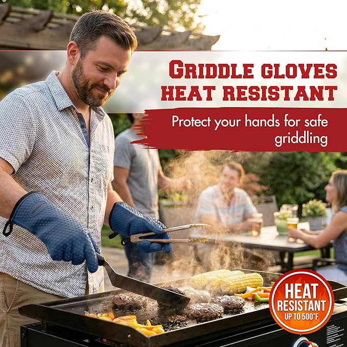KITCHEN PERFECTION Silicone Oven & Griddle Gloves -Extreme Heat Resistant BBQ & Grilling Gloves -Handle Hot Food Right on Your Griddle |Waterproof Oven Mitts Grill Gloves |Superior Set+3 Bonuses
