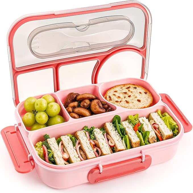 EASYFUN Bento Box Adult, Lunch Box, 4-Compartment Lunch Containers, Drop-Proof, Dishwasher Safe & Made with BPA-Free Materials (Pink)