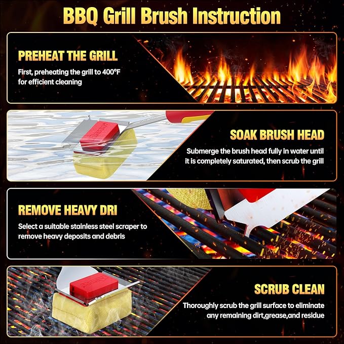 Grill Brush Bristle Free for Outdoor Grill, Steam Grill Cleaning Brush Replaceable BBQ Cleaner Brush Head,Extended Handle, Safe Grill Brush with Scraper for Cast Iron Stainless-Steel Grates,Red