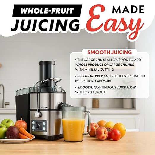 Gourmia 6 Speed Digital Juice Extractor -Extra-Wide Chute, Pulse Mode, Self-Clean Cycle, 36 oz Pitcher, Pulp Container & Cleaning Brush, Stainless Steel