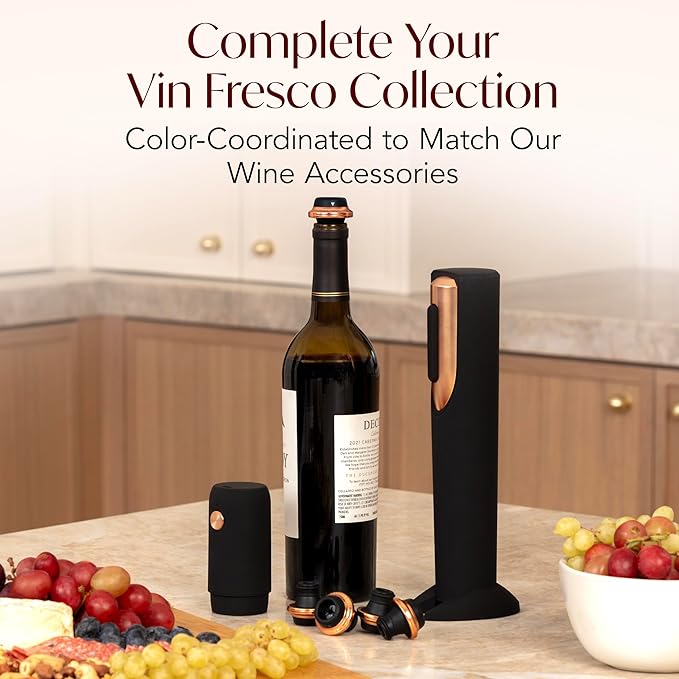 Electric Wine Opener Battery Operated with Stand and Built-in Foil Cutter - Automatic Wine Opener - Electric Corkscrew for Easy Cork Removal - Best Gift for Wine Lover (Black & Rose Gold)