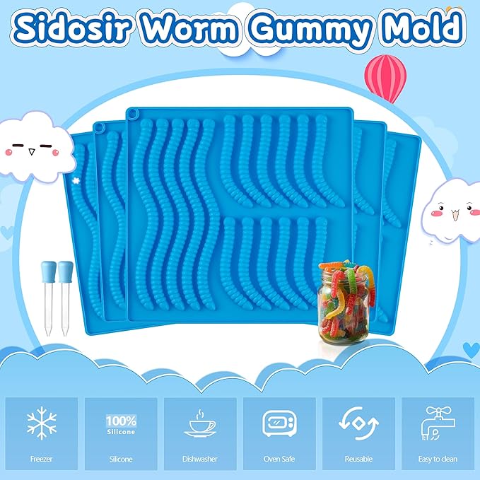Sidosir 7Pcs Silicone Gummy Worm Chocolate Molds, Non-Stick Worm Chocolate Mold for Parties, Gummy for Home DIY, Silicone Mold for Make Gummies
