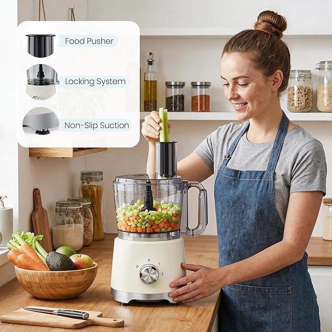 OLIXIS Food Processor 10.5 Cup, Vegetable Choppers with Slicing Shredding Chopping Kneading, Dishwasher Safe, Food Grinder, Stainless Steel Blades, for Smoothie Fruit Dough, 2.6QT, White