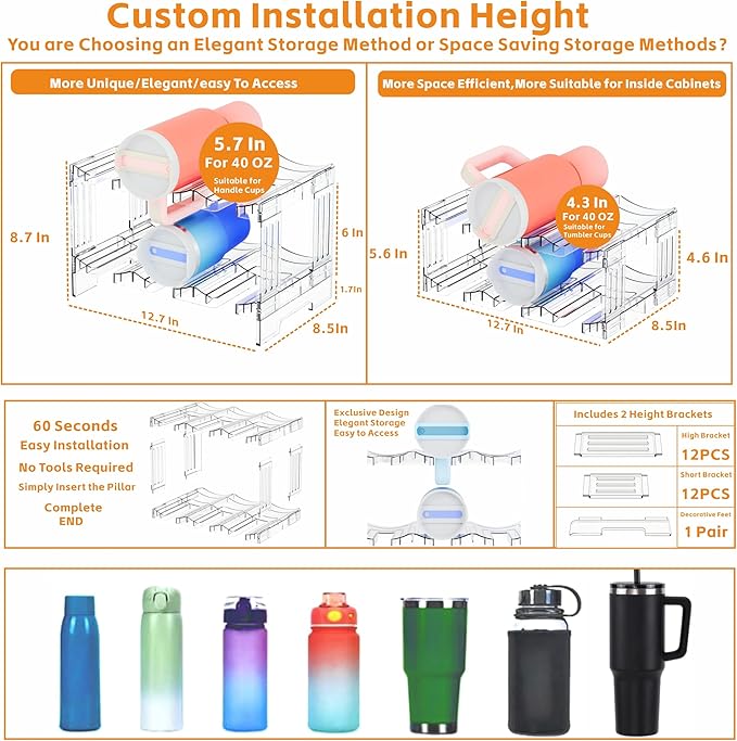 Yieach Large Stanley Cup Holder With Handle Groove,Stackable Tumbler and Water Bottle Organizer for Kitchen Cabinets,2 Tier Waterbottle and Cup Storage Organizer for 40 OZ Yeti,Owala,Yeti Storage