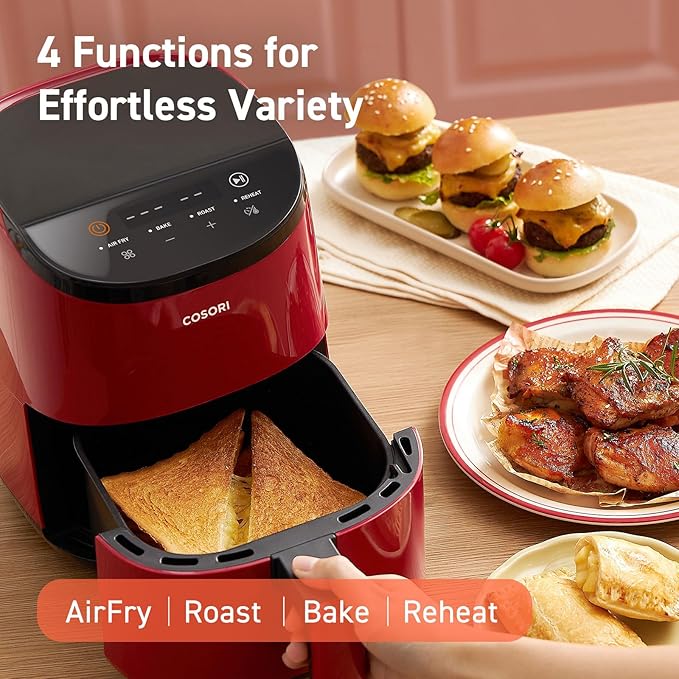 COSORI Small Air Fryer Oven 2.1 Qt, 4-in-1 Mini Airfryer, Bake, Roast, Reheat, Space-saving & Low-noise, Nonstick and Dishwasher Safe Basket, 97% less oil, Sticker with 6 Reference Guides, Red