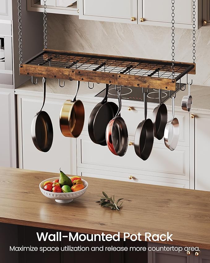 CHOEZON Hanging Pot Rack, Ceiling Wall Mounted Pot Rack for Kitchen, Industrial Style Pot Hanger with 18 Hooks, Cookware Storage Organizer, for Pots and Pans, Rustic Brown and Black TPR12BFC1
