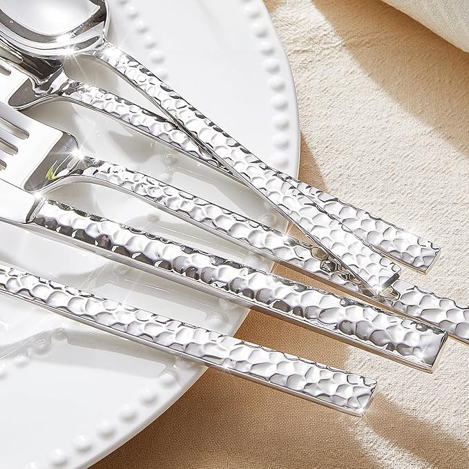 KINGSTONE 45 Piece Hammered Silverware Set with Serving Utensils, 18/10 Stainless Steel Flatware Set for 8, Cutlery Set for Home, Party, Wedding, Mirror Polished Dishwasher Safe