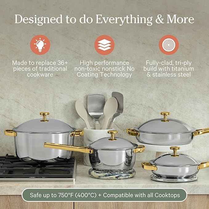 Our Place Titanium Pro Cookware Set | 10-Piece Pots and Pans Set with Always Pan Pro, Perfect Pot Pro & Minis | Non-Toxic No-Coating Nonstick | Induction & Oven-Safe up to 750°F | Gold