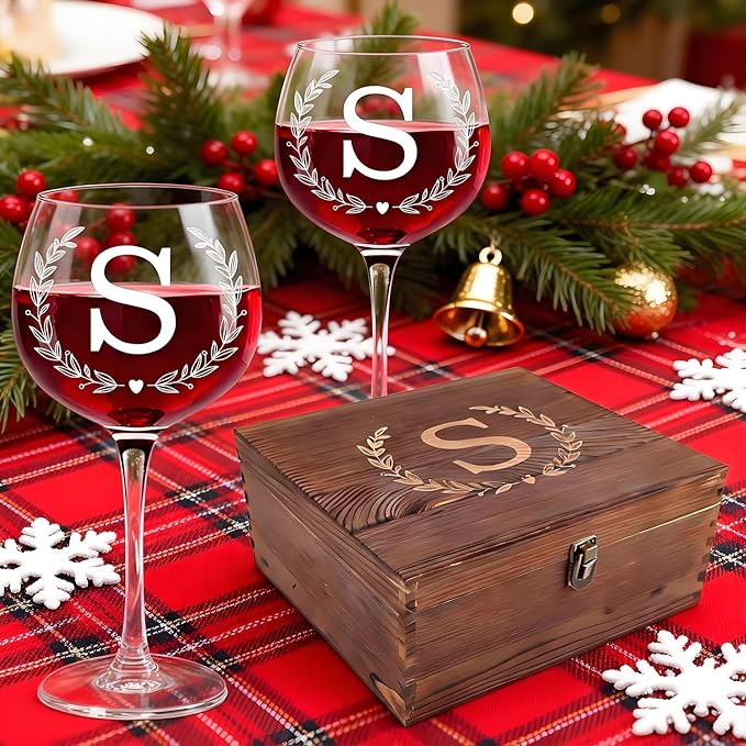 GZLDGIFTS Personalized Initial Wine Glasses Box Gift Set For Women Mom Engraved Birthday Monogrammed Wooden Christmas Gifts Wedding Anniversary Wine Couples Stopper Opener Initial Letterr (S Set)