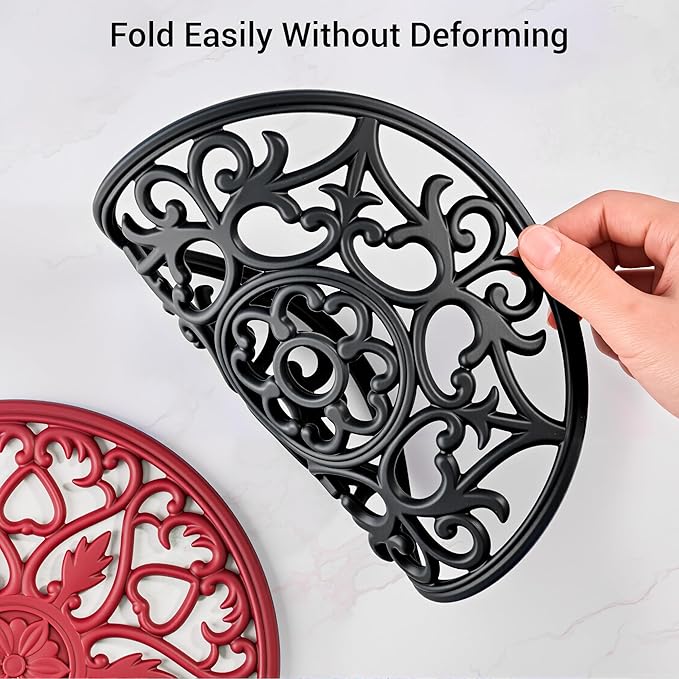 SMARTAKE 6 Set Silicone Trivet Mats, Multi-Use Intricately Carved Coasters, Insulated Non-Slip Durable Kitchen Mats, Flexible Modern Kitchen Table Mat, for Hot Dishes, Pots, Countertop (Black)