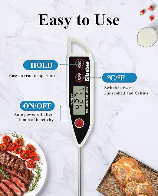 Wisebee Meat Thermometer Digital, Instant Read Food Thermometer with Stepdown Probe| IPX7 Waterproof| Hold Function| High Accuracy| Fast Response for Cooking, Liquid, Kitchen (White)