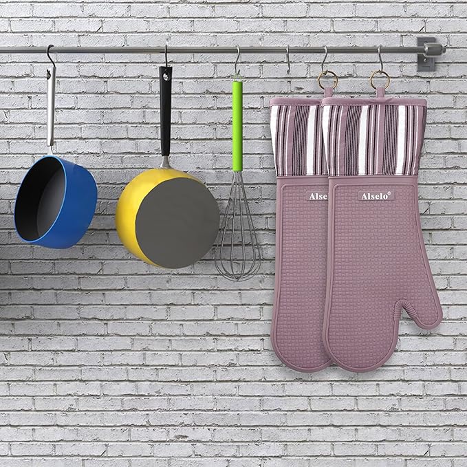 Alselo Silicone Oven Mitts Heat Resistant 550 Degree Extra Long Kitchen Gloves Pot Holders with Waterproof and Non-Silp for Baking Cooking Barbecue Microwave Machine Washable (Extra Long Purple, 2)
