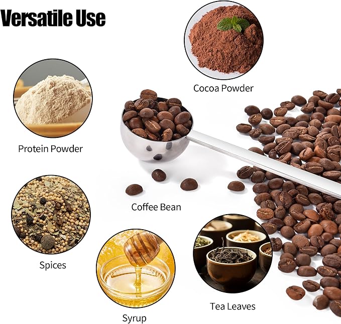 18/8 Stainless Steel Coffee Scoop, Doosu Food-Grade Metal Measuring Spoon with 4.3in Long Handle, Tablespoon Scooper for Coffee Beans, Ground Coffee, Espresso, Protein Powders, Tea, Sugar (2 Tbsp)