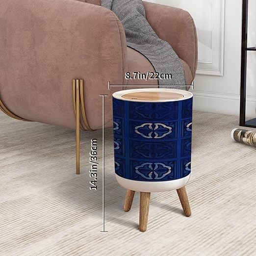 Trash Can with Lid tile pattern Lisbon floral mosaic Mediterranean seamless navy blue Press Top Round Small Garbage Bin with Wooden Legs Waste Basket for Kitchen Bedroom Nursery 7L/1.8 Gallon