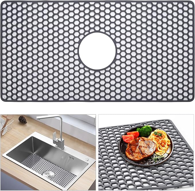 Sink Protectors for Kitchen Sink, 24.8"x 13" Farmhouse Kitchen Sink Protector Grid, Silicone Mat for Farmhouse Stainless Steel Porcelain Sink（Center Drain）