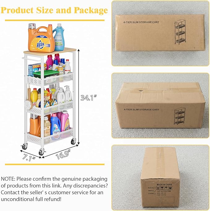 OKZEST Utility Slim Storage Cart, 4 Tier Small Rolling Kitchen Laundry Room Cart with Wood Top, Metal Narrow Bathroom Storage Cabinet Mobile Shelf Unit Organizer Trolley with Handle for Narrow Space