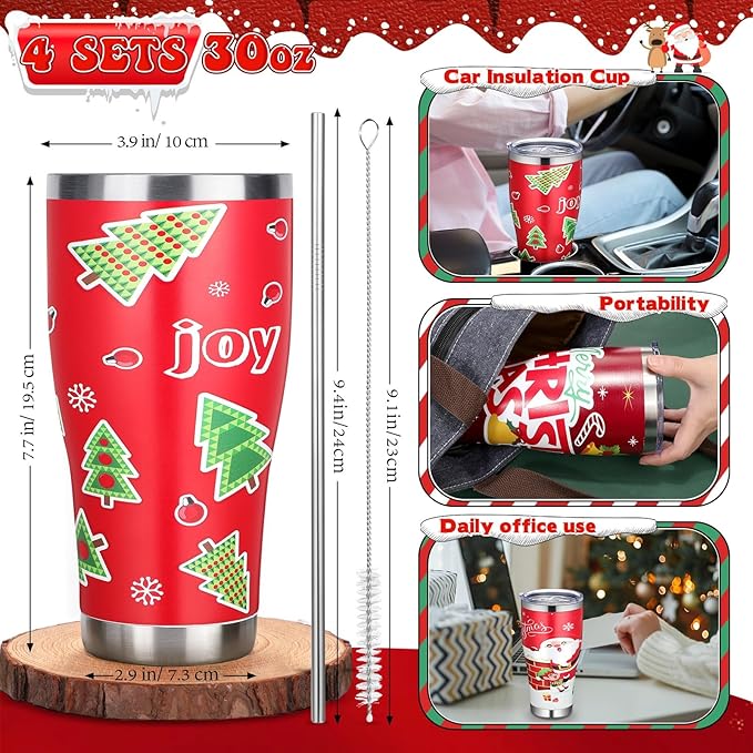 Mifoci 4 Pcs 30 oz Christmas Tumbler with Lid and Straw Stainless Steel Christmas Mug Double Insulated Cup Insulated Coffee Tumbler with Straw Brush for Holiday Coworkers Women Gifts(Style 1)