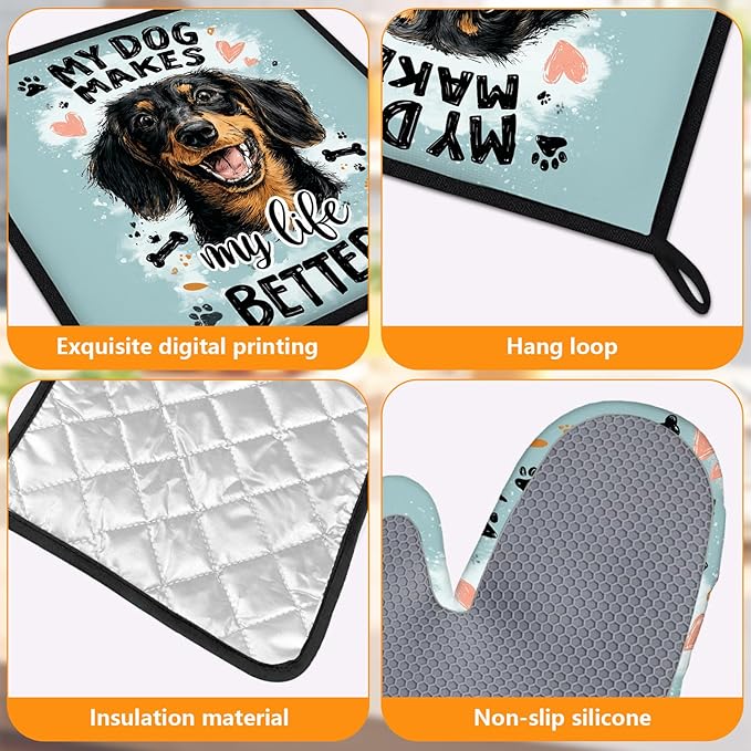 Life is Better with Dogs Oven Mitts and Pot Holders Sets 4Pcs Silicone Non-Slip Mitts Heat Resistant Gloves Hot Pads for Kitchen Cooking Baking Grilling BBQ