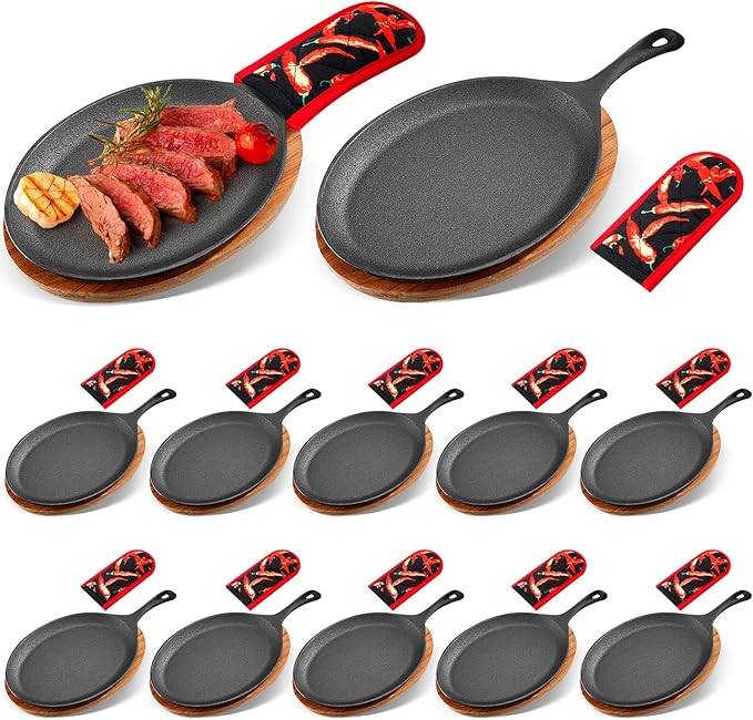 Lallisa 12 Sets Cast Iron Fajita Plate Set Fajita Plate Pan with Wooden Tray Anti Scald Protection Hot Mitt Cast Iron Skillet Set for Home Barbecue Kitchen Party Restaurant Catering Service
