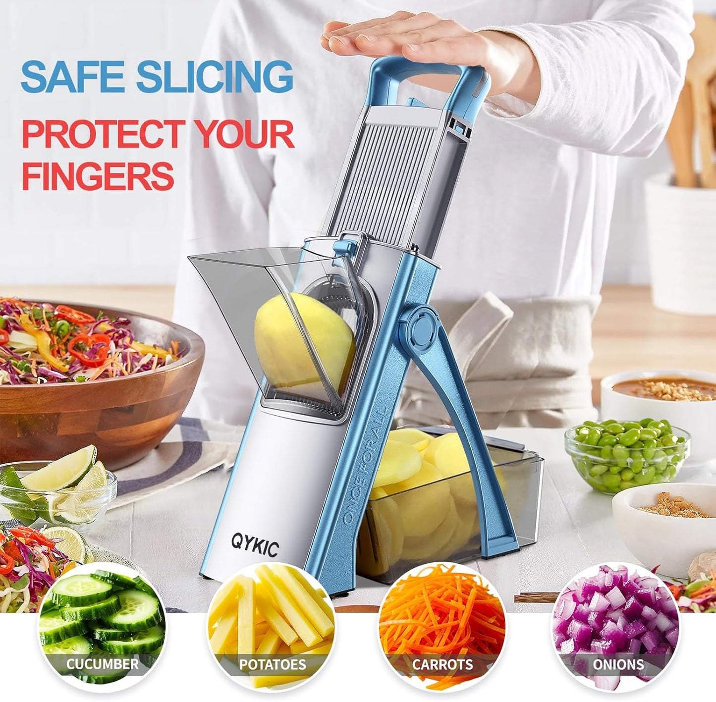 Upgrade Safe Mandoline Slicer for Kitchen, Vegetable Chopper and Slicer, Potato Slicer Thickness Adjuster, French Fry Cutter, Veggie Onion Dicer Faster Kitchen Mandolin for Meal Prep (Blue)