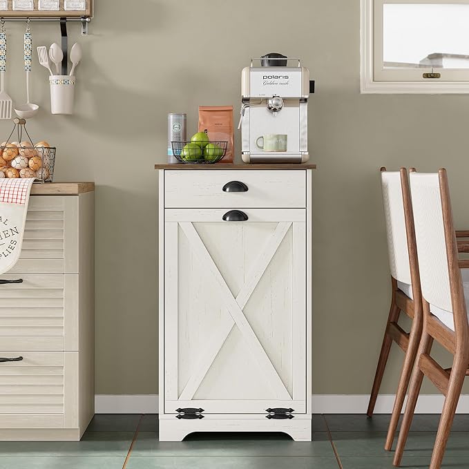 Furniouse Single Tilt Out Trash Can Cabinet with Drawer, 10 Gallon Wood Garbage Cabinet for Kitchen, Antique White