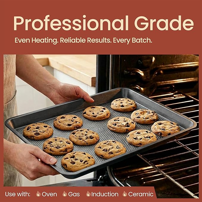BAKKEN Kitchen Baking Pans - Nonstick Gray Coating, 13.58’’ × 9.65’’ Commercial Grade Carbon Steel Cookie Sheet, Diamond Texture Bottom, PFOA, PFOS, PTFE Free, Oven Safe Tray (450°F), Gray