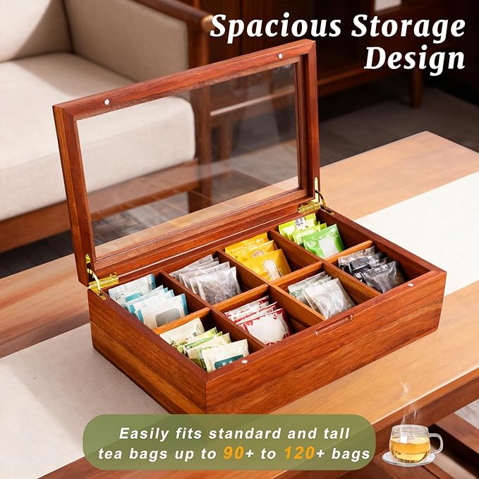 LANNEY Tea Bag Organizer - Acacia Wooden Tea Box Organizer Storage Box, Bag Holder Container with 8 Removable Compartments, Clear Window and Magnetic Lid for Coffee Sugar Countertop Kitchen Cabinet