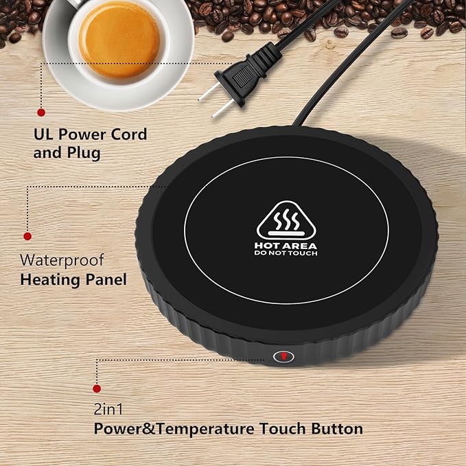 Mug Warmer, Coffee Mug Warmer with Three Temperature Settings, Auto Shut Off Coffee Warmer, Mug Warmer for Desk with Large Heating Plate, Easy to Clean Coffee Cup Warmer for Milk,Tea and Chocolate