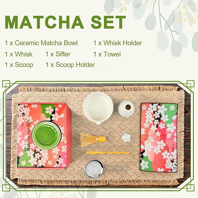 Matcha Set–7-Piece Set Including Matcha Bowl with Spout, Whisk, Chasen Holder, Sifter, Bamboo Scoop,Scoop Stand,wood spoon(Daisy White)–Perfect for Matcha Lovers&Tea Ceremonies