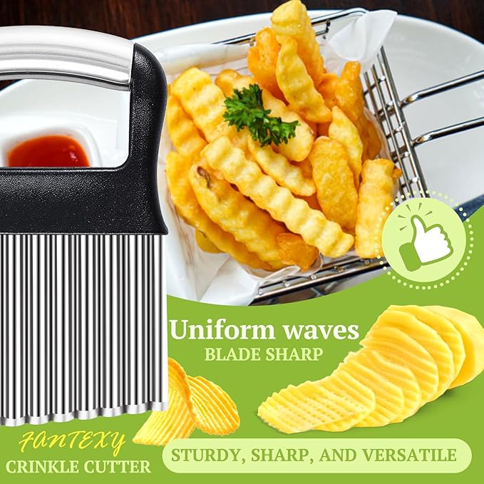 FANTEXY Crinkle Cutter for Veggies, Stainless Steel French Fry Cutter for Potatoes, Cucumbers, Carrots - Wavy Chopper, Waffle Fry Maker