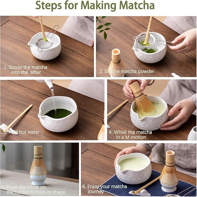 Buucup Matcha Whisk Set, Ceramic Matcha Kit Set Includes Matcha Bowl, Matcha Whisk and Holder, Bamboo Scoop, Scoop Rest, Sifter and Tea Towel - 7 Pcs Matcha Kit for Matcha Lovers(White)