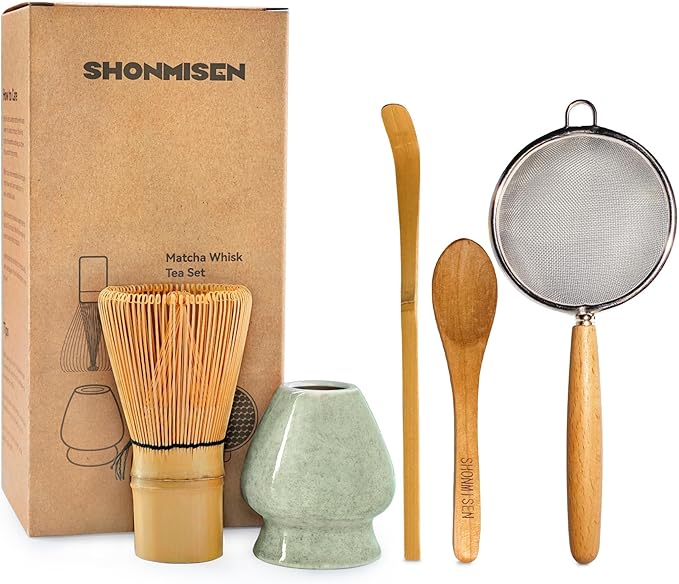 Shonmisen Traditional Matcha Tea Whisk Set with Bamboo Chasen, Ceramic Holder, Scoop, Spoon, Strainer, 5 Piece Japanese Ceremony Kit matcha whisk