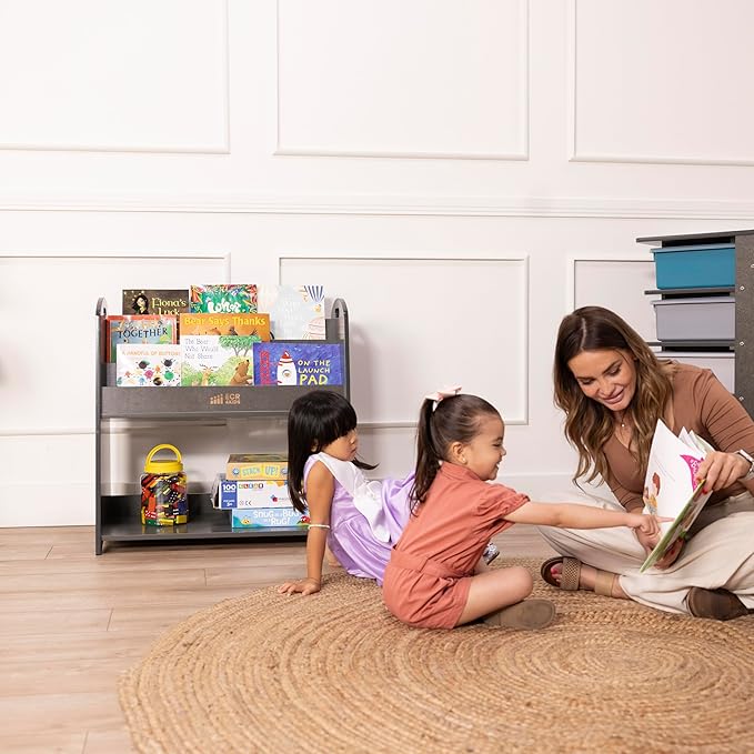 ECR4Kids 3-Shelf Floor Book Display with Handles and Storage, 30in, Kids Bookshelf, Grey Wash