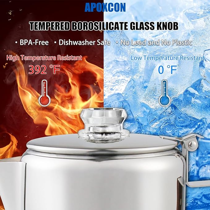 APOXCON Coffee Percolator Camping Coffee Pot Stainless Steel with Glass Knob Using on any Stovetop - NO Aluminum NO Plastic (9 Cup)