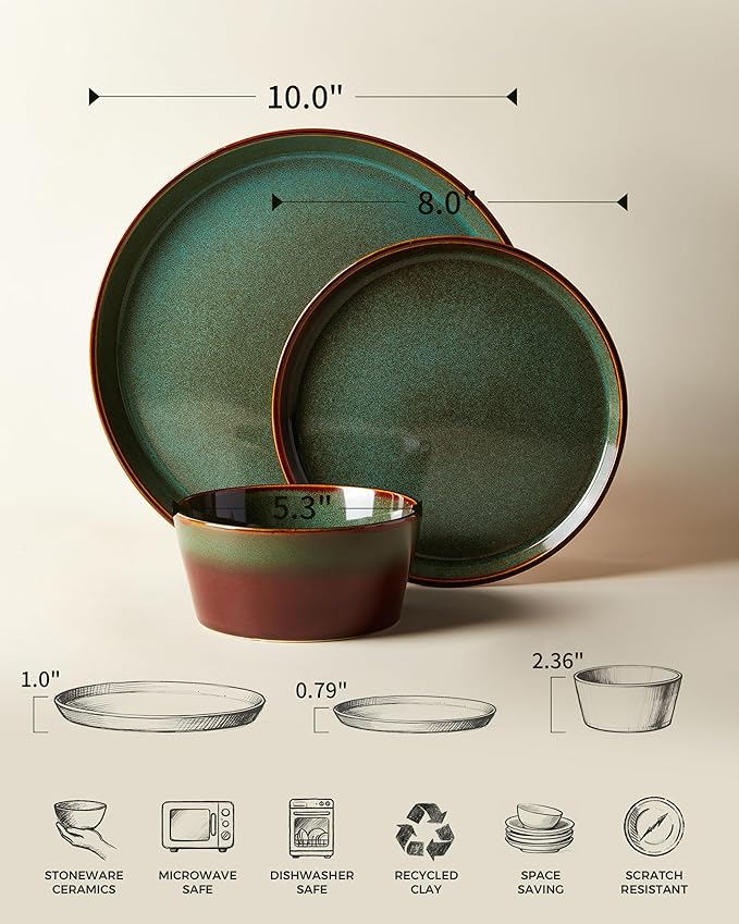 Pokini Plates and Bowls Sets for 8, Ceramic Dinnerware Sets, Kitchen Dish Set, Microwave & Dishwasher Safe Dishware, Highly Durable Handcrafted Dinner Set, Brown Green
