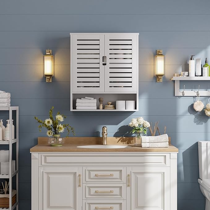 SMIBUY Bathroom Cabinet Wall Mounted, Bamboo Over-The-Toilet Storage Organizer, Space Saver Medicine Cabinet with 2 Door and Adjustable Shelves (White)