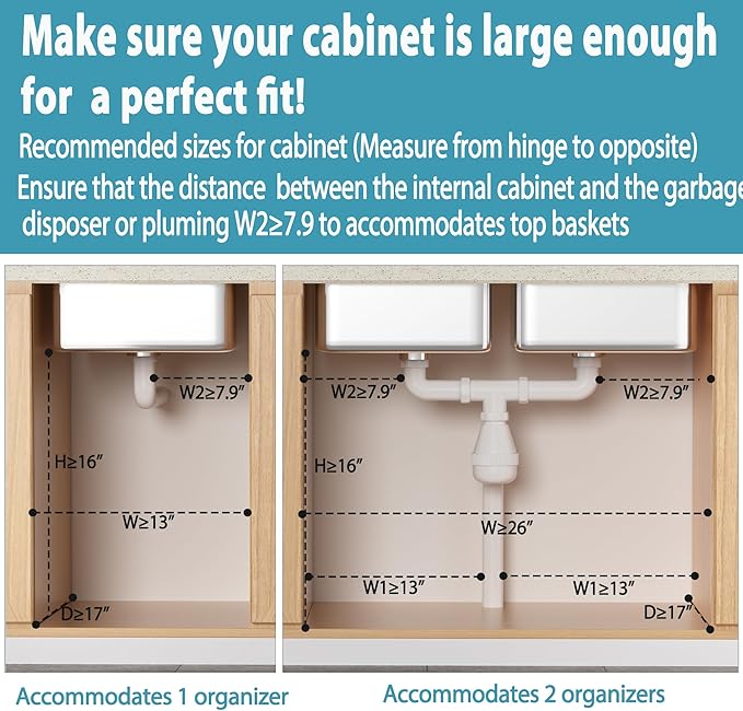 Liuoud Under Sink Organizer 2 Pack, 2 Tier Slide Out Large Capacity Height Adjustable Under Sink Organizers and Storage for Kitchen Bathroom Cabinet, White