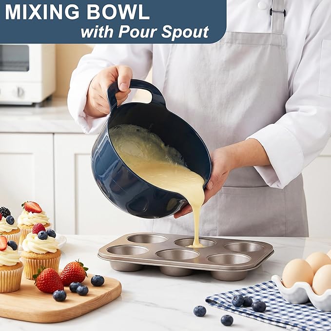 BoxedHome 4 Pack Nesting Mixing Bowls with Pour Spout and Handle, Plastic Large Mixing bowl BPA free Microwave & Dishwasher Safe(Blue, 4 Pack with Handle)