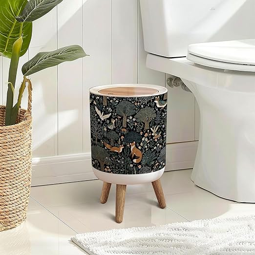Trash Can with Lid Whimsical Woodland Foxes Birds Amidst Trees Flowers Press Top Round Small Garbage Bin with Wooden Legs Waste Basket for Kitchen Bedroom Nursery 7L/1.8 Gallon