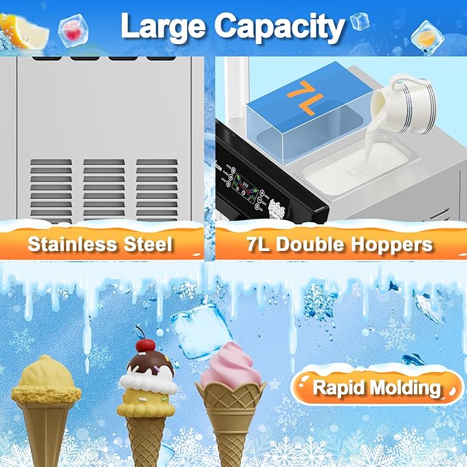 PioneerWorks Commercial Ice Cream Machine, 20-28L/H Yield, 2200W 7L X 2 Capacity, LCD Display, Auto Clean Adjustable Hardness 3 Flavor for Restaurant Snack Bars