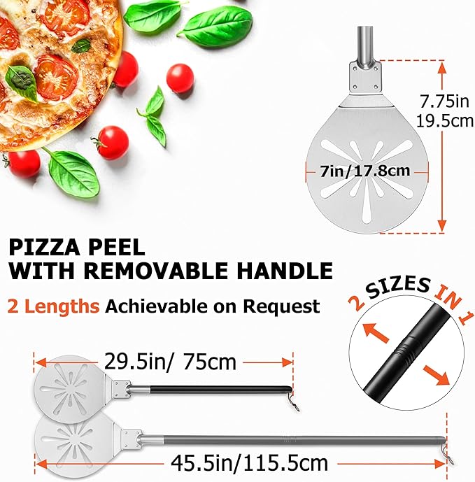 7 Inch Pizza Peel Turning, Joyfair Perforated Pizza Turner with Long Detachable Handle, Stainless Steel Spatula Paddle for Rotating Sliding, Metal Tools Oven Accessories, Easy Cleanup (Painted Handle)