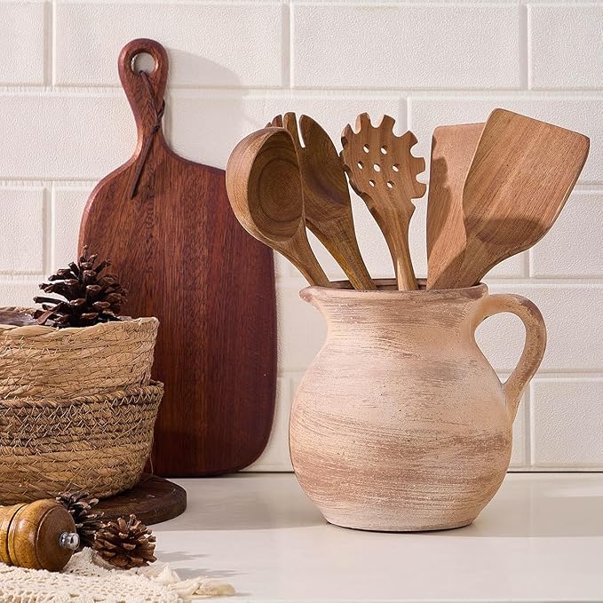 MIYUKI Rustic Kitchen Utensil Holder - 7.6 Inch Ceramic Utensil Crock for Countertop, Vintage Kitchen Counter Decor