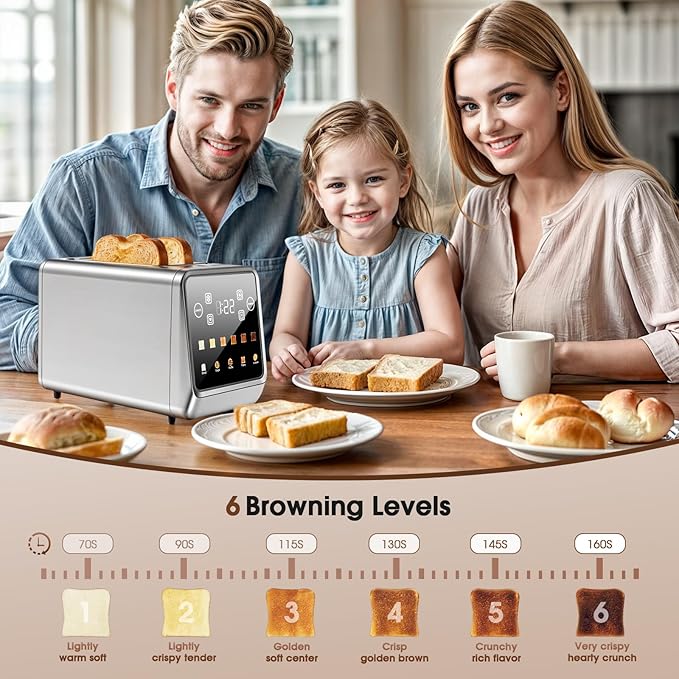 Digital 4 Slice Toaster with LED Touchscreen Long Slot Stainless Steel Toaster for Family, Wide Slots for Thick Bread & Bagels, 6 Shade Settings, Defrost, Reheat, Memory & Single-Slice Modes