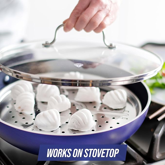 Blue Diamond 8.5” Universal Tempered Glass Lid, Frying Pan Skillet, Sauté, Saucepan, Stockpot, Oven Safe to 350°F, Dishwasher Safe, Stainless Steel Handle, Clear