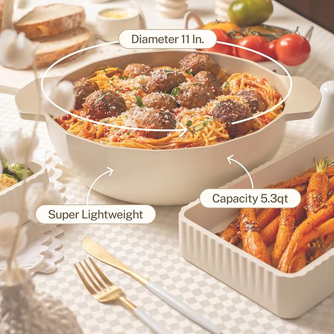 Cravings by Chrissy Teigen The Perfect Pan 5.3 Qt Dutch Oven Pot with Lid, Nonstick Lightweight Aluminum Everyday Pot with Steamer/Strainer Insert, Oven & Stovetop Safe (White)